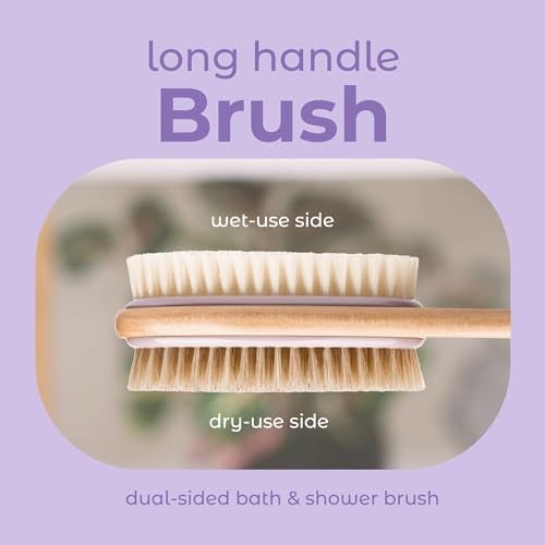 MainBasics Back Scrubber for Shower – Long Handle Dual-Sided Brush for Body Wash & Scrubbing with Exfoliating & Soft Bristles (Lavender, Wood) - Image 3
