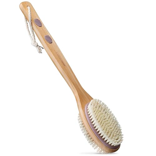 MainBasics Back Scrubber for Shower – Long Handle Dual-Sided Brush for Body Wash & Scrubbing with Exfoliating & Soft Bristles (Lavender, Wood) - Image 1