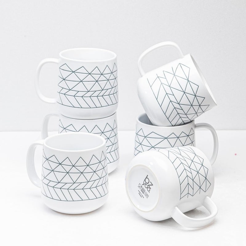 bzyoo Ceramics 14oz Coffee Mug Set of 6  Tea Cups with Handle Ceramic Mug Set  Microwave and Dishwasher Safe White with Blue Strip Spidy Collection - Image 1