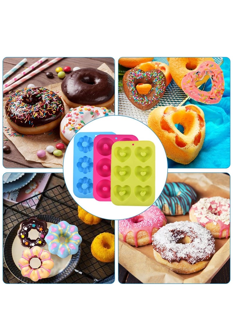 Generic - Silicone Doughnut Moulds – Pack of 3 Nonstick Donut Baking Trays – 6-Cavity Food-Grade Silicone Molds for Homemade Donuts, Cakes, Muffins, Bagels & More – Oven & Dishwasher Safe (Blue, Rose Red, Pink) - Image 1