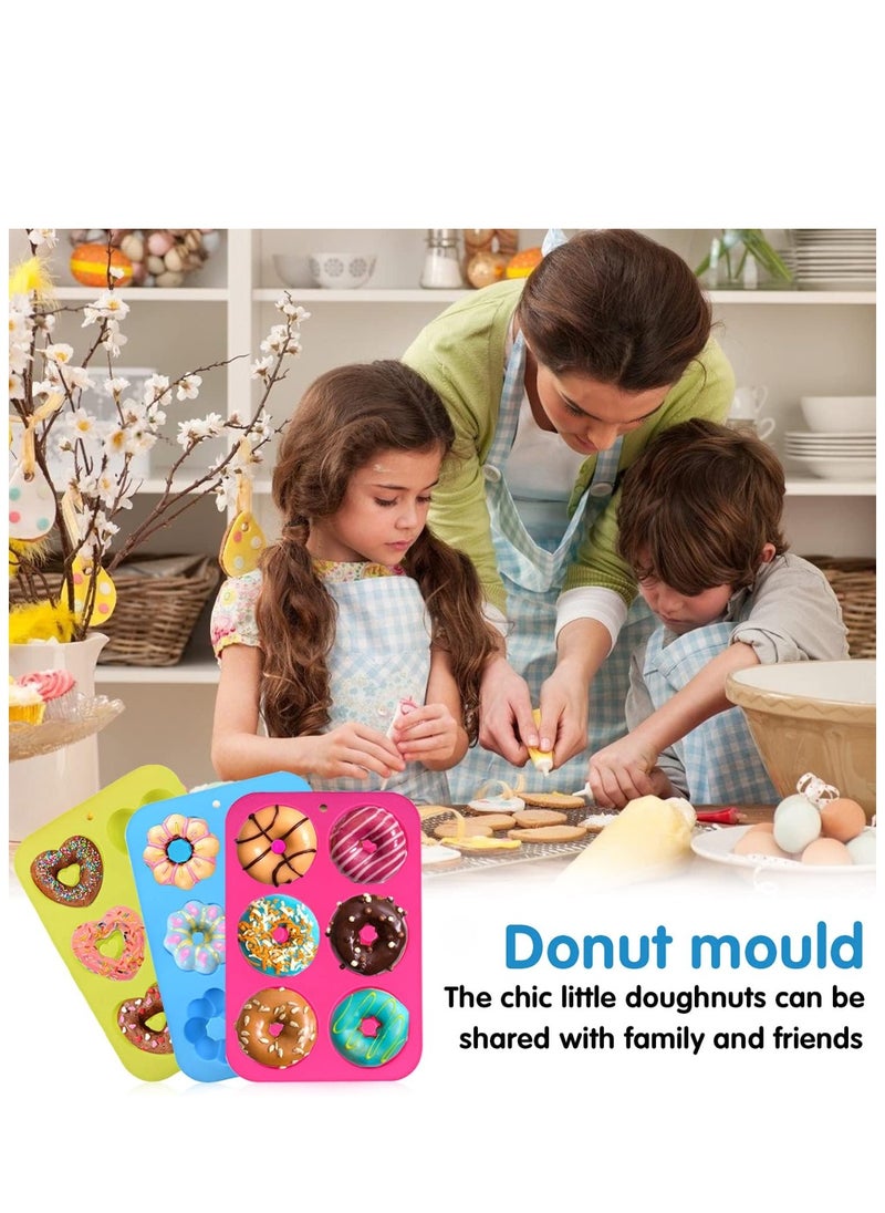 Generic - Silicone Doughnut Moulds – Pack of 3 Nonstick Donut Baking Trays – 6-Cavity Food-Grade Silicone Molds for Homemade Donuts, Cakes, Muffins, Bagels & More – Oven & Dishwasher Safe (Blue, Rose Red, Pink) - Image 1