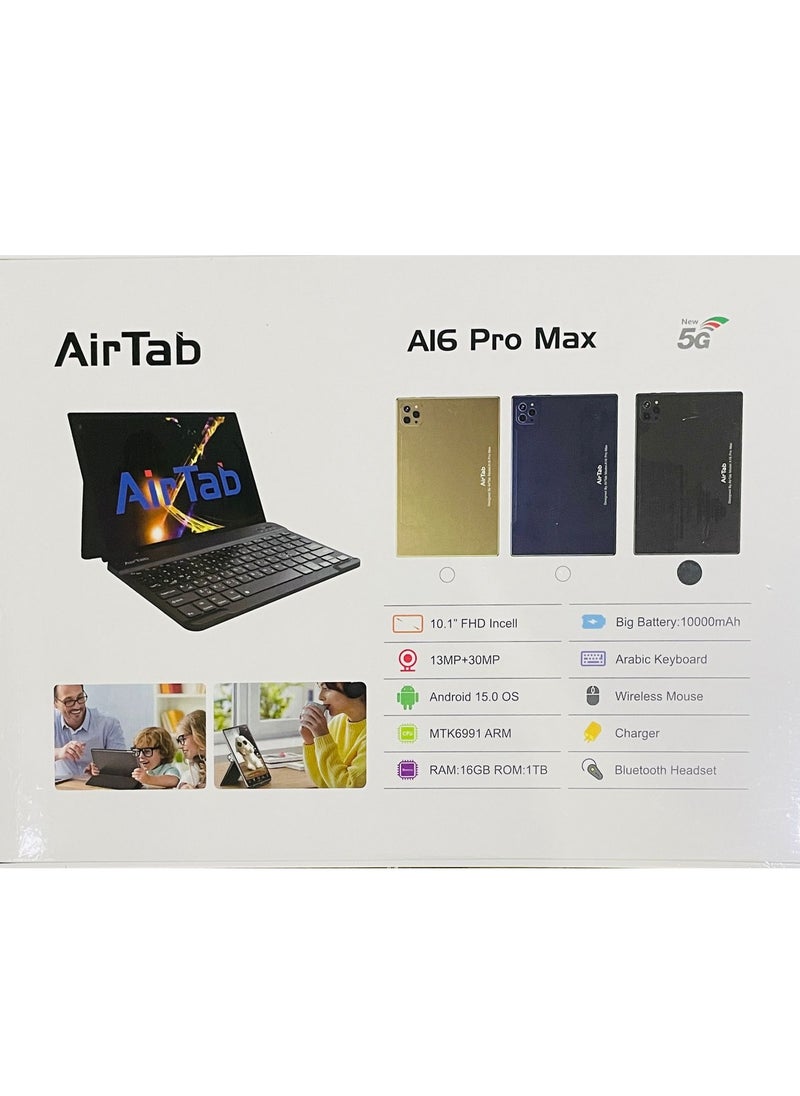 AirTab - A16 Pro Max 5G Smart Tablet with 10.1 Inch Display 16GB RAM 1TB ROM 10000mAh Battery with Wireless Arabic Keyboard Black - Image 1
