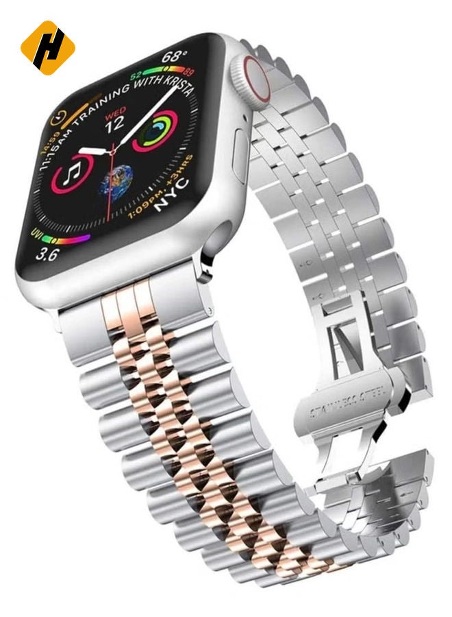 HuHa Replacement Band Compatible with Apple Watch 45mm / 44mm / 42mm, Stainless Steel Solid Strap Metal Bracelet for Apple Watch Series 7 6 5 4 3 2 SE (Silver + Rose Gold)  - Image 1