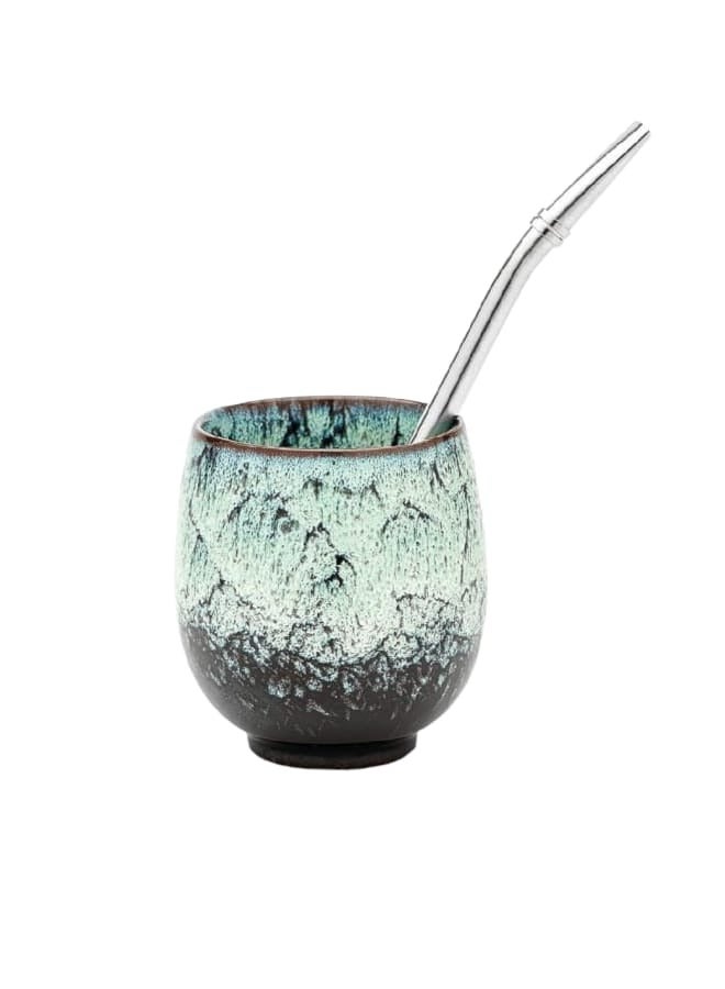 Marble Yerba Mate Tea Cup with Silver Yerba Mate Straw - Image 2