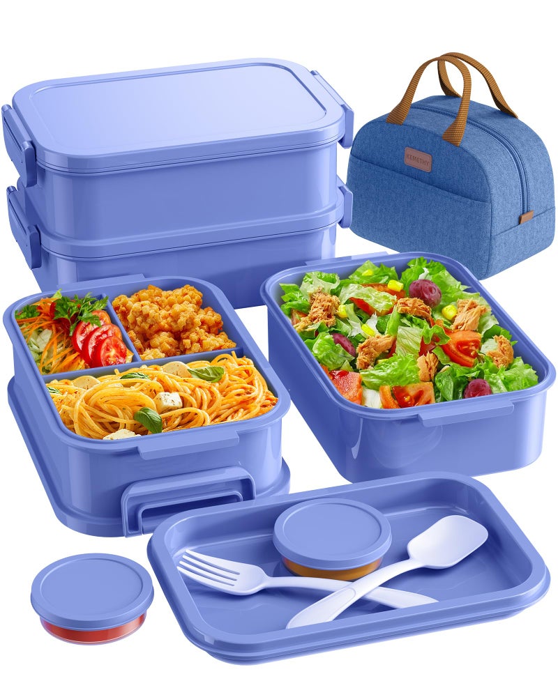 KEMETHY Adults Bento Lunch Box Set with Thermo Bag, 74oz Stackable Leak-proof 3-tiers Bento Box, Built-in Utensil and Sauce Container for Work, School, Dining Out (Purple) - Image 1