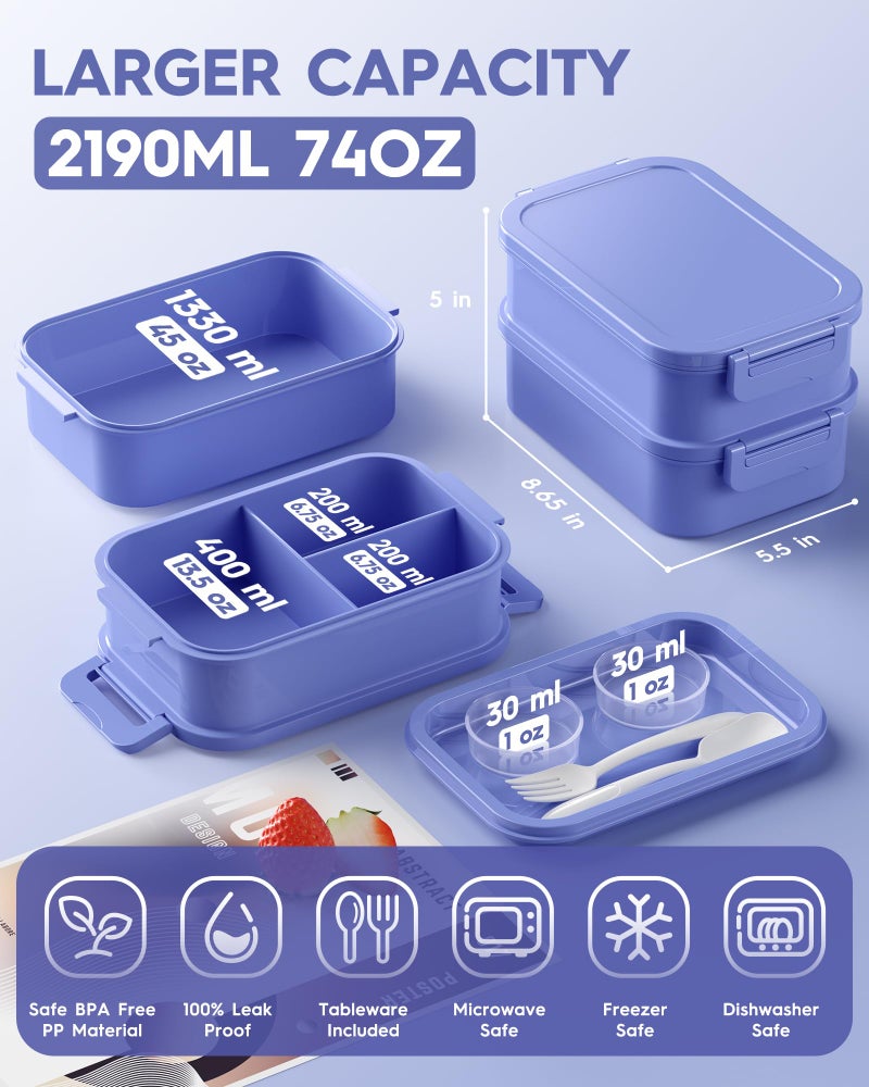 KEMETHY Adults Bento Lunch Box Set with Thermo Bag, 74oz Stackable Leak-proof 3-tiers Bento Box, Built-in Utensil and Sauce Container for Work, School, Dining Out (Purple) - Image 3