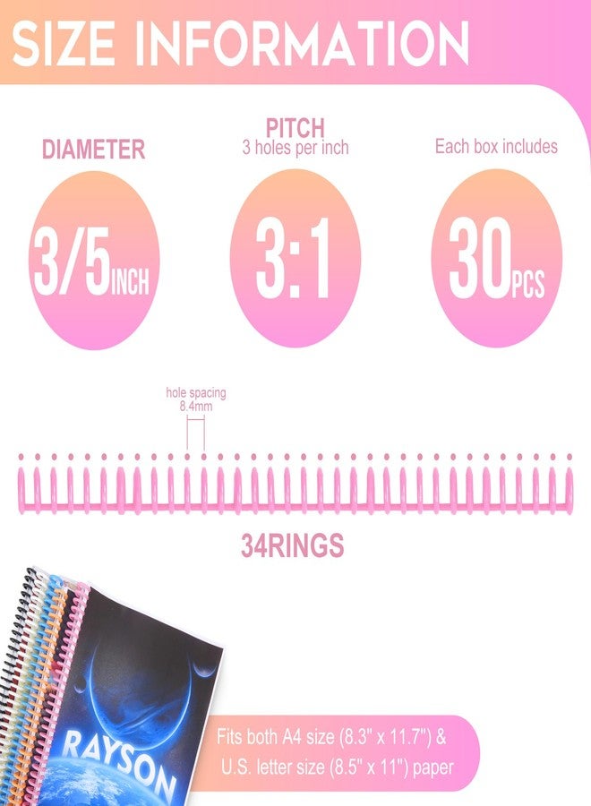 Rayson Click Binding Spines, 34-Hole Click Binding Ring for A4 and U.S. Letter Size Paper, Multi-Color, 3/5" Diameter, 3:1 Pitch, Binds Up to 120 Sheets, 30 Pack - Image 2