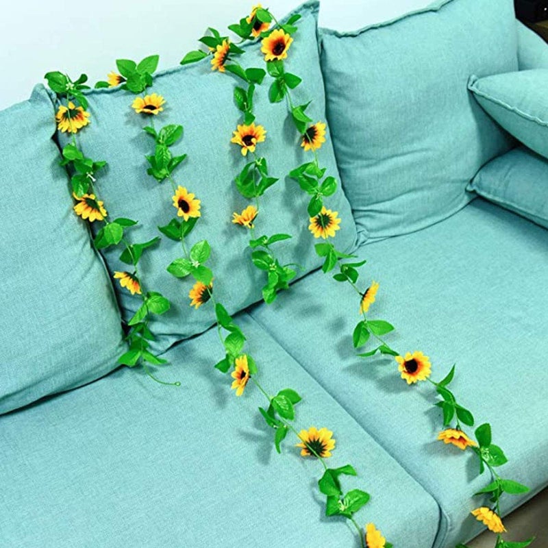 Healthcom 4 Packs 8.5ft/Pcs Artificial Sunflower Garland Silk Sunflower Vine Yellow Flower Green Leaves Outdoor Fake Hanging Plants Hang Garland Porch Patio Home Garden Christmas Party Wedding Decor - Image 5