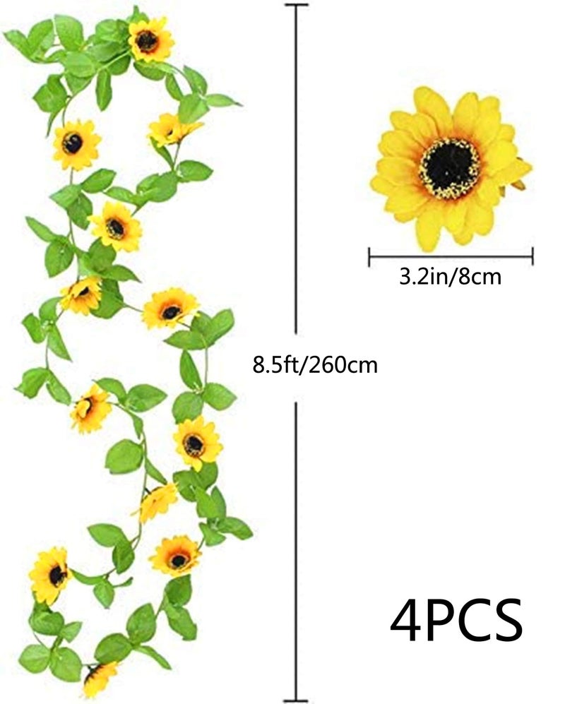Healthcom 4 Packs 8.5ft/Pcs Artificial Sunflower Garland Silk Sunflower Vine Yellow Flower Green Leaves Outdoor Fake Hanging Plants Hang Garland Porch Patio Home Garden Christmas Party Wedding Decor - Image 2