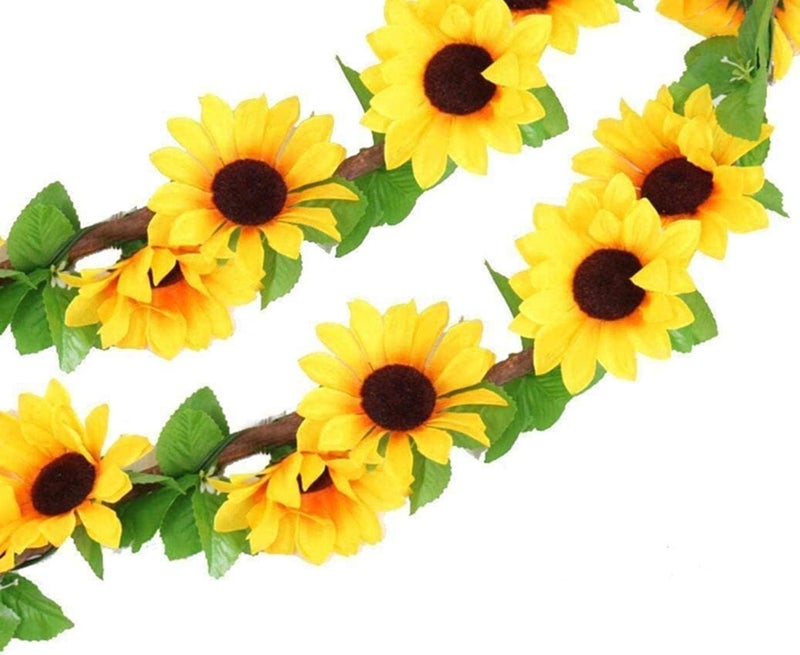 Healthcom 4 Packs 8.5ft/Pcs Artificial Sunflower Garland Silk Sunflower Vine Yellow Flower Green Leaves Outdoor Fake Hanging Plants Hang Garland Porch Patio Home Garden Christmas Party Wedding Decor - Image 1
