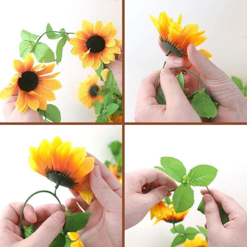 Healthcom 4 Packs 8.5ft/Pcs Artificial Sunflower Garland Silk Sunflower Vine Yellow Flower Green Leaves Outdoor Fake Hanging Plants Hang Garland Porch Patio Home Garden Christmas Party Wedding Decor - Image 3