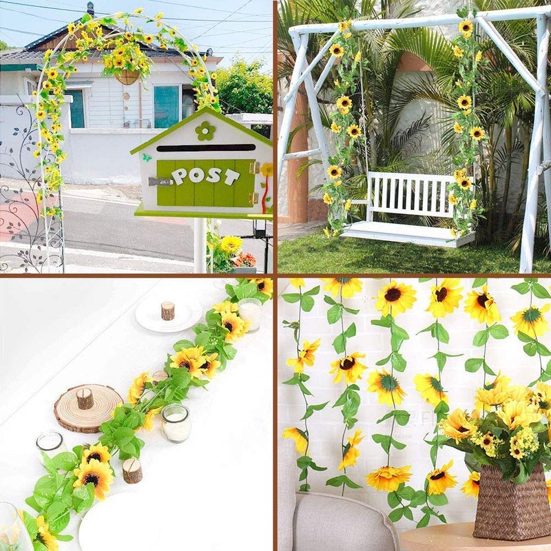 Healthcom 4 Packs 8.5ft/Pcs Artificial Sunflower Garland Silk Sunflower Vine Yellow Flower Green Leaves Outdoor Fake Hanging Plants Hang Garland Porch Patio Home Garden Christmas Party Wedding Decor - Image 4