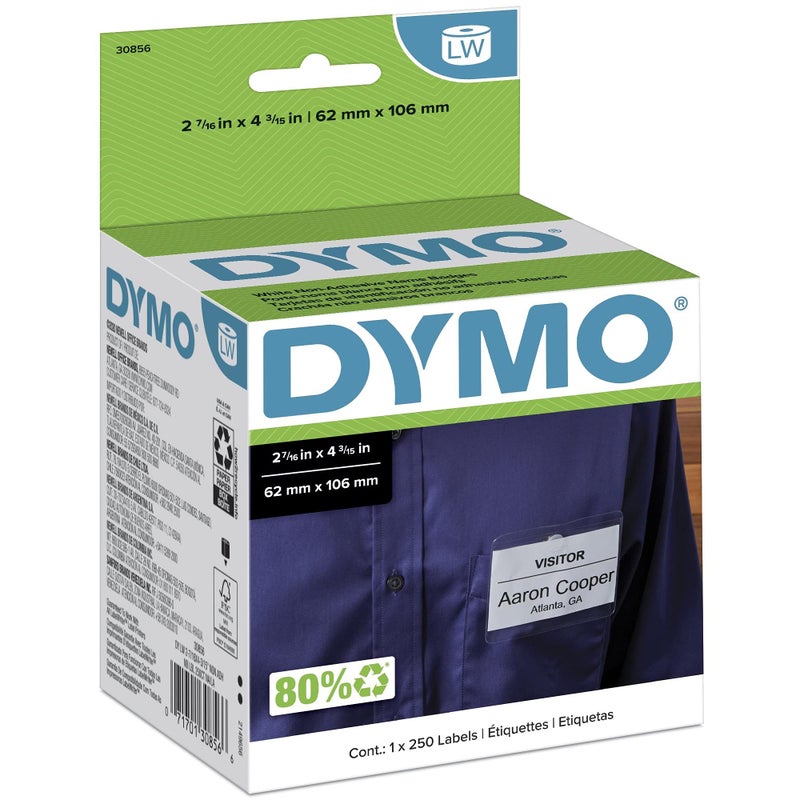 DYMO 30856 LW Non-Adhesive Name Badge Labels for LabelWriter Label Printers, White, 2-7/16'' x 4-3/16'', 1 Roll of 250 - Image 1