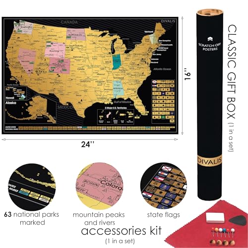 Divalis 3 in 1 Large Gift Set - Scratch off 63 National Parks Poster, Scratch off USA Map, Scratch off Destinations of the United States Poster - Travel Tracker to Mark Your Travels - Bundle of Three - Image 2