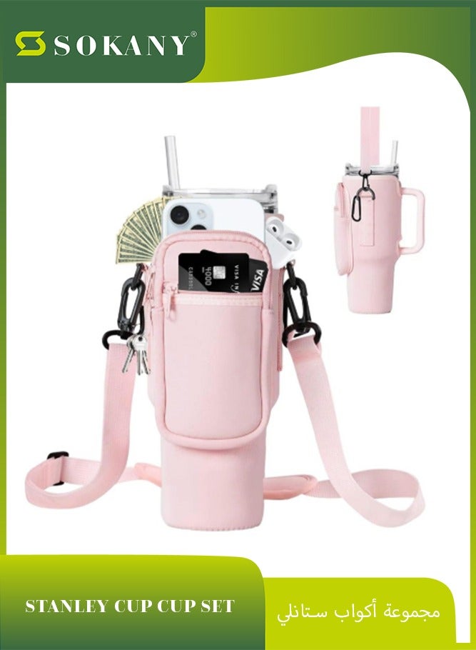 sokany Water Bottle Carrier Bag for 40oz Stanley Cup Accessories with Adjustable Shoulder Strap & Carabiner, Cross Body Water Bottle Holder Pouch for Hiking Travelling Camping (Pink) - Image 1