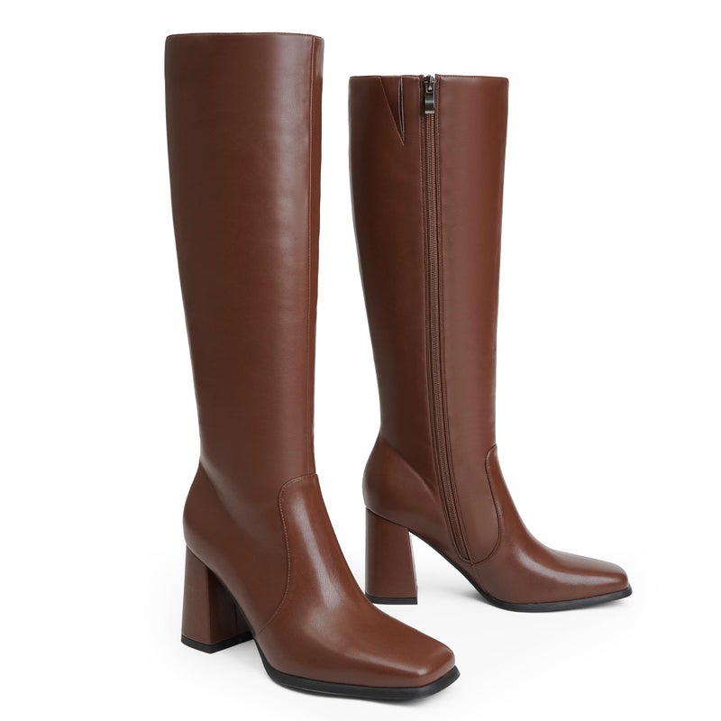 Modatope Square Toe Knee High Boots for Women Brown Chunky Heel Tall Boots Women Side Zipper Fall Boot Size 6 - Image 5