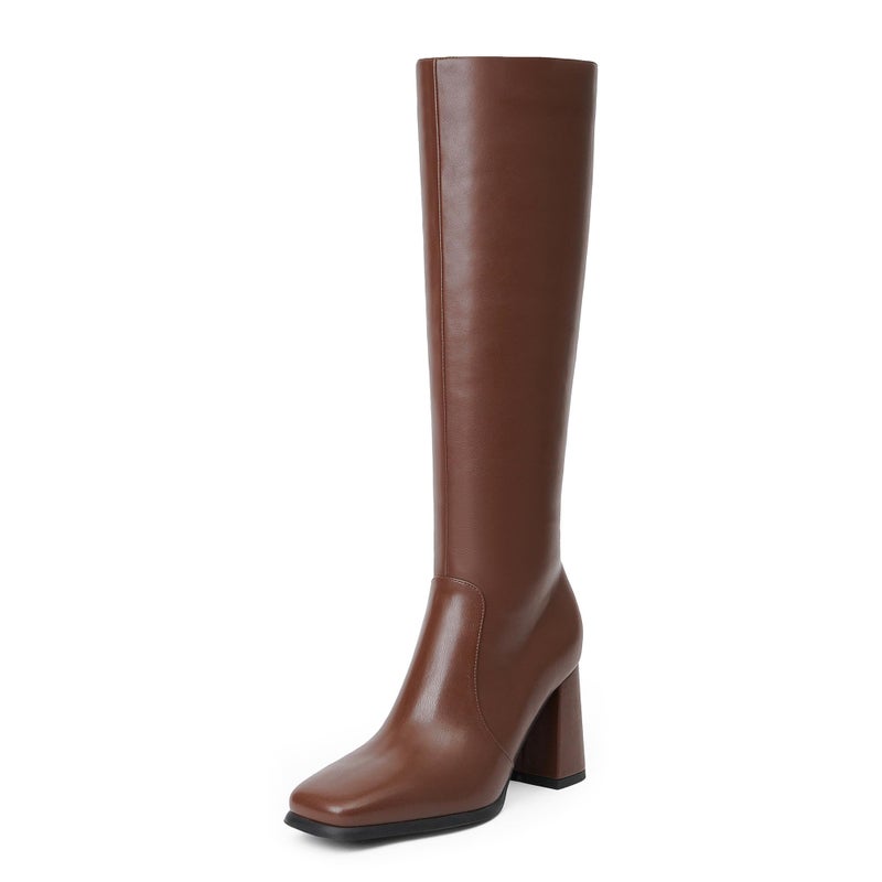 Modatope Square Toe Knee High Boots for Women Brown Chunky Heel Tall Boots Women Side Zipper Fall Boot Size 6 - Image 1