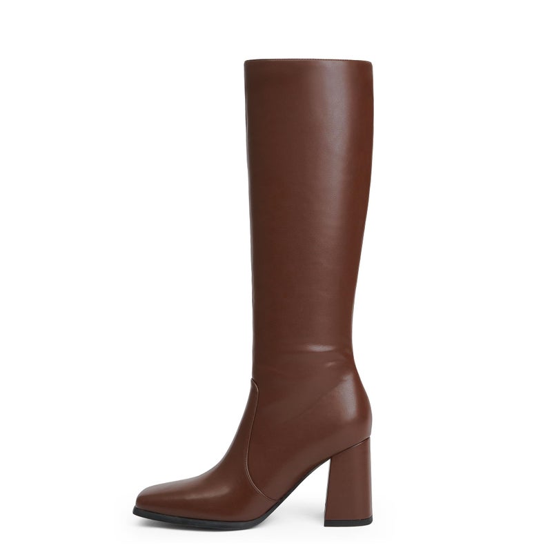 Modatope Square Toe Knee High Boots for Women Brown Chunky Heel Tall Boots Women Side Zipper Fall Boot Size 6 - Image 4