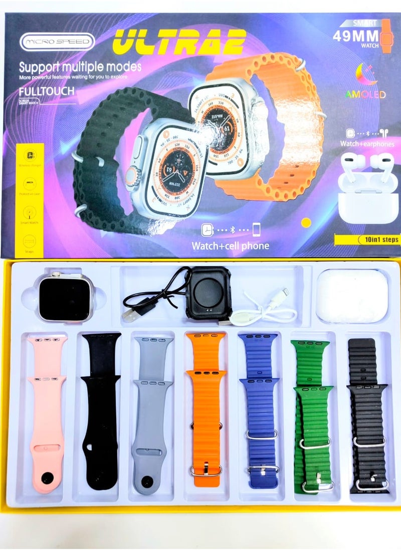 micro speed - Smart Watch 10 in 1 49MM Touch Durable Rechargeable with Multiple Replaceable Straps   WATCH  +  EARPHONES - Image 1