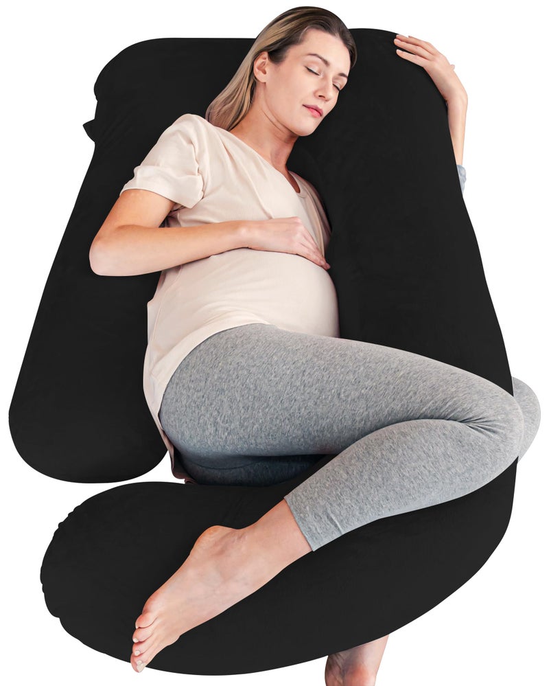 Cute Castle وسائد الحمل من كيوت كاسل، وسادة مريحة على شكل U مع غطاء قابل للإزالة - وسائد كاملة الجسم للنوم للبالغين - مستلزمات الحمل الضرورية - بحجم 57 بوصة - سوداء - Image 1