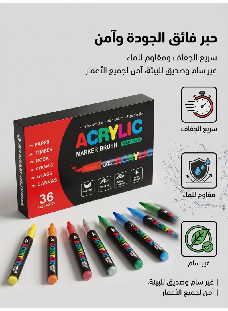 ميجيوسيون 36 لونًا من أقلام الطلاء الأكريليك – رأس فرشاة، حبر مقاوم للماء وطويل الأمد، مع دليل رسم مكون من 40 صفحة كهدية، للصخور، القماش، الخشب، الورق، الزجاج، الحجر، كتب التلوين، مستلزمات الحرف اليدوية والفنون - Image 3