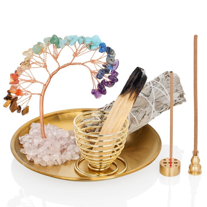 7 Chakra Healing Crystal Tree Incense Holder Palo Santo Sage Burner Brass Ash Catcher for Incense Sticks Coil Cones Yoga Meditation Zen Spiritual Room Home Decoration Round