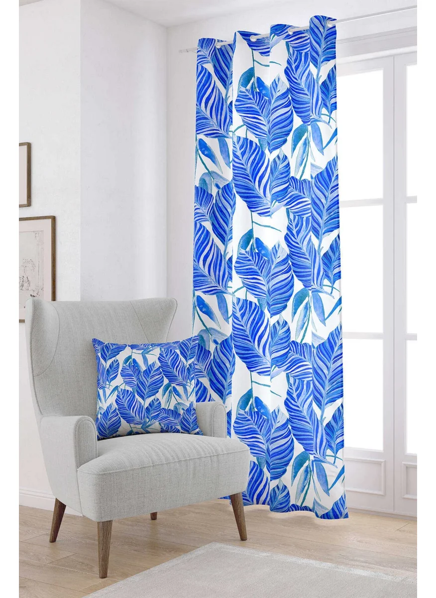 Cango Home Blue Leaf Patterned Digital Printed Curtain OTYK492-PR