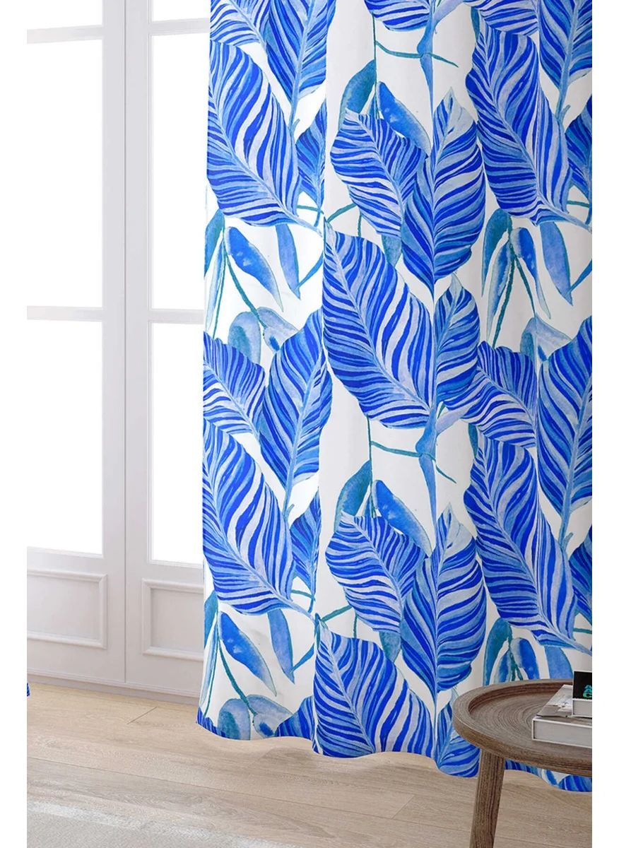 Cango Home Blue Leaf Patterned Digital Printed Curtain OTYK492-PR