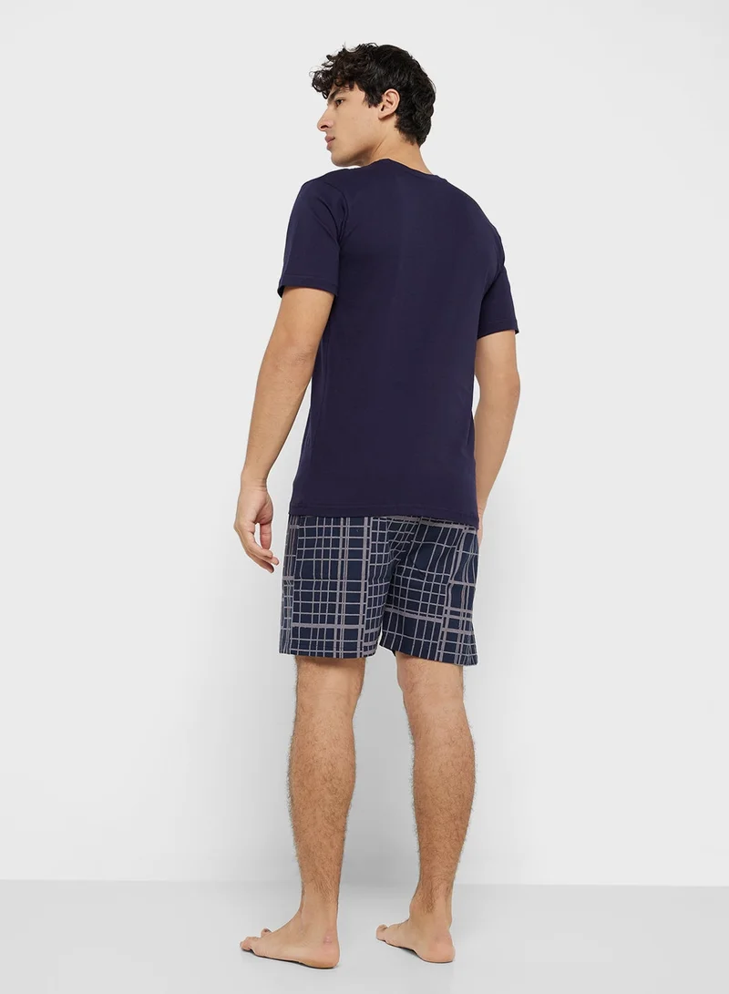 Seventy Five Printed Short Sleeve T-Shirt And Checked Shorts Set