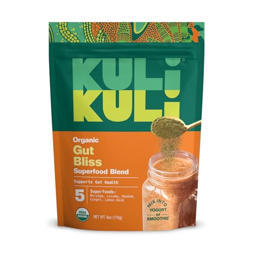 Kuli Kuli Gut Bliss Superfood Powder 6 oz Powerful Blend of Organic Moringa Baobab Lucuma Ginger and Lemon Balm Promote Digestion Soothe the Stomach and Boost Gut Health