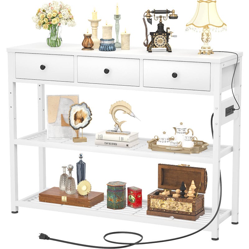 طاولة مدخل إيكوبرسيو 47 مع مآخذ ومنافذ USB طاولة كونسول مع 3 أدراج طاولة صوفا ضيقة وطويلة مع رفوف تخزين لغرفة المعيشة وممر المدخل ومطبخ باللون الأبيض