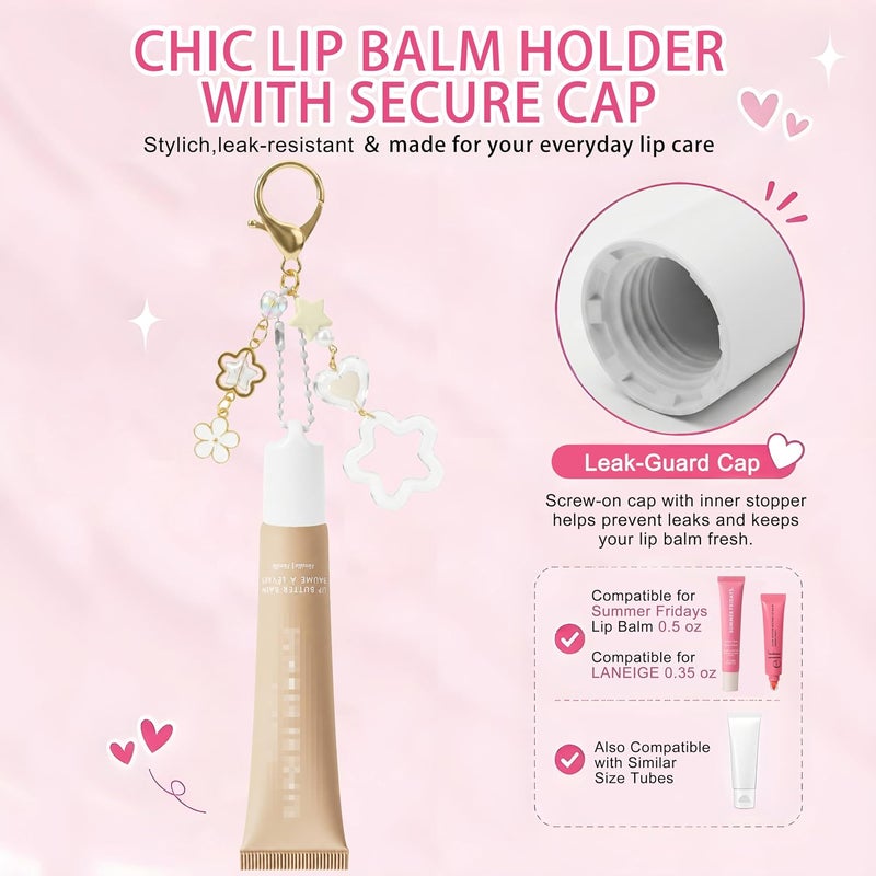 cioatu Lip Gloss Keychain for Summer Fridays 0.5oz Balm, Lipgloss Cap Holder with Pendant, Lip Balm Cap Cosmetic Bag Charm (White & Pink) - Image 2