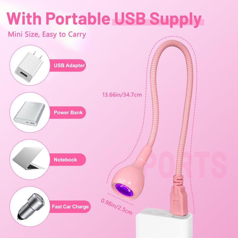 AORAEM UV LED Nail Lamp, 3W Portable Duck Neck UV Nail Lamps Dryer Gel Polish Curing Light with Pink Gooseneck for Gel Nails Tips USB Plug Play Nails Salon and Home DIY - Image 3