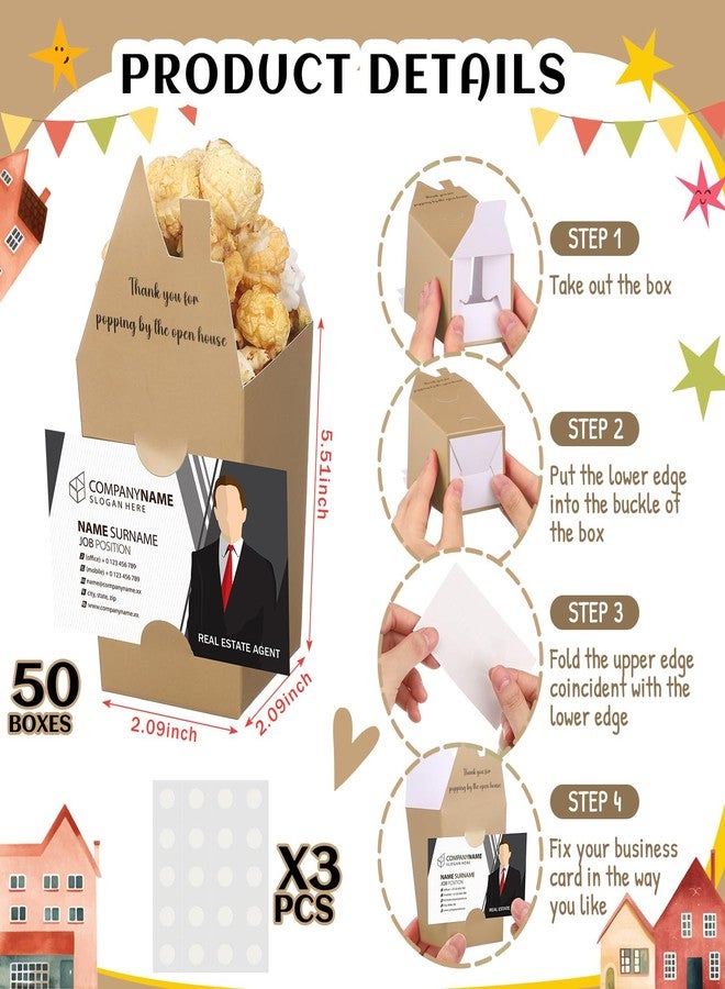 Hoolerry 100 Set Open House Gift Real Estate Agent Supplies Popcorn Box with Card Holder Open House Supplies Business Gift Card Thank You for Popping by Candy Box for Estate Agent Favors(Kraft) - Image 2