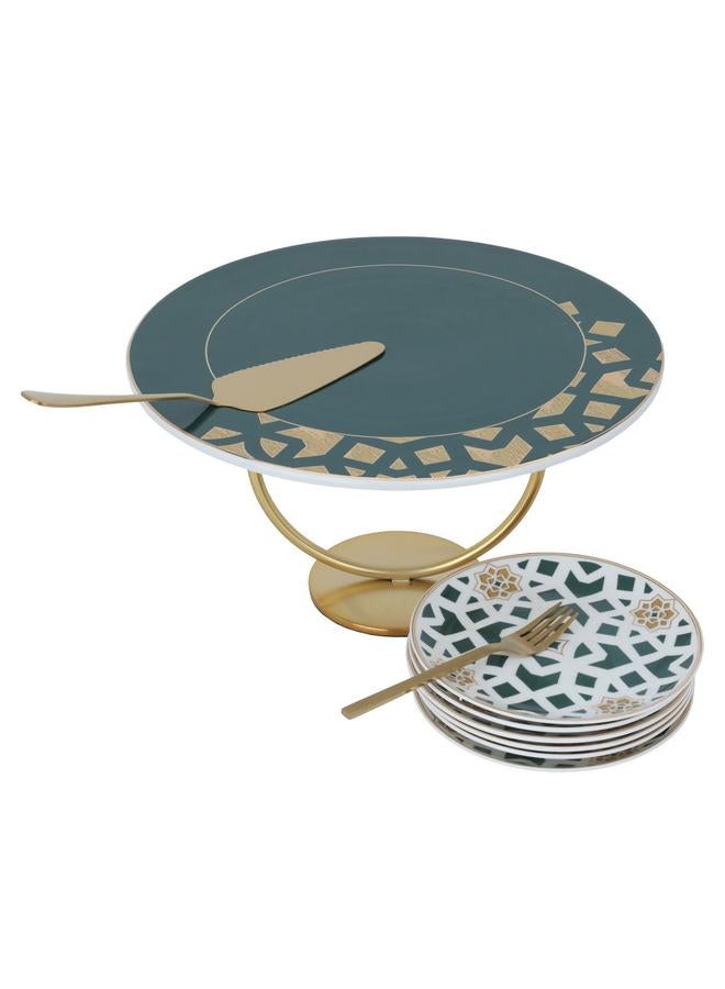 Alsaif Porcelain Cake Serving Set Green With Gold White Pattern - Image 1