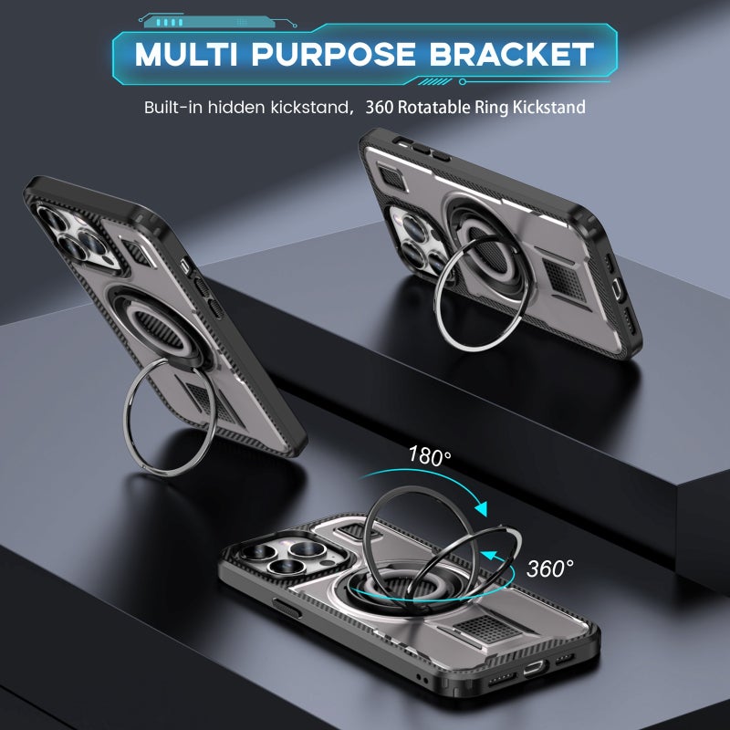 HuHa Case Cover For iPhone 14 Pro Max Ring Holder Carbon Fiber PC Hybrid TPU Phone Case(Grey) - Image 2