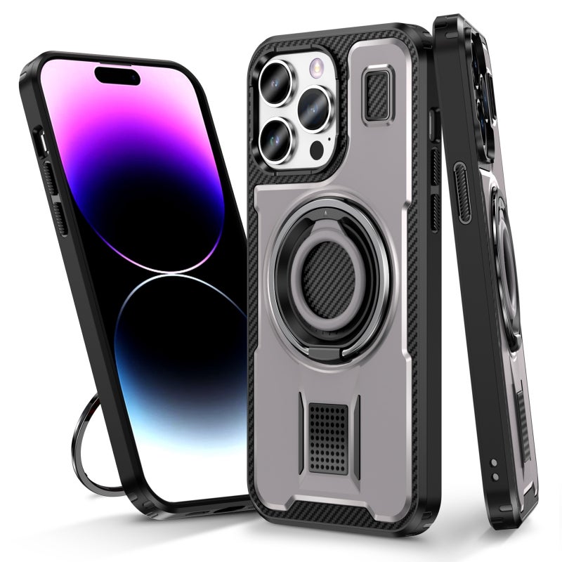 HuHa Case Cover For iPhone 14 Pro Max Ring Holder Carbon Fiber PC Hybrid TPU Phone Case(Grey) - Image 1