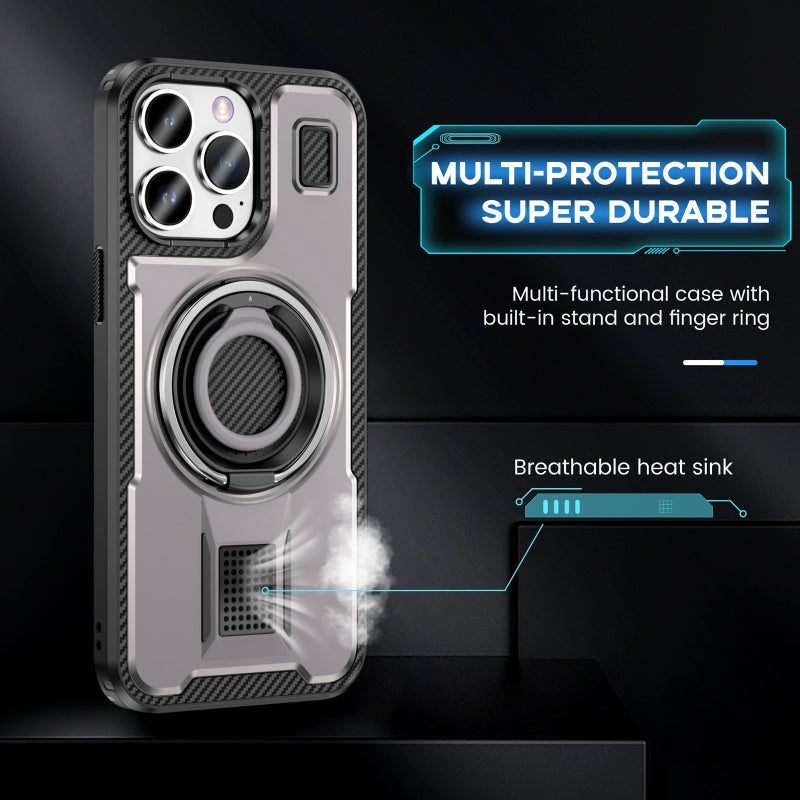 HuHa Case Cover For iPhone 14 Pro Max Ring Holder Carbon Fiber PC Hybrid TPU Phone Case(Grey) - Image 3