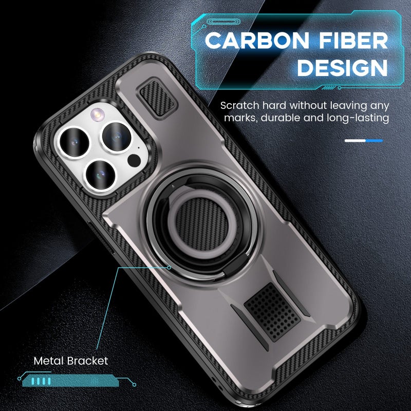 HuHa Case Cover For iPhone 14 Pro Max Ring Holder Carbon Fiber PC Hybrid TPU Phone Case(Grey) - Image 5