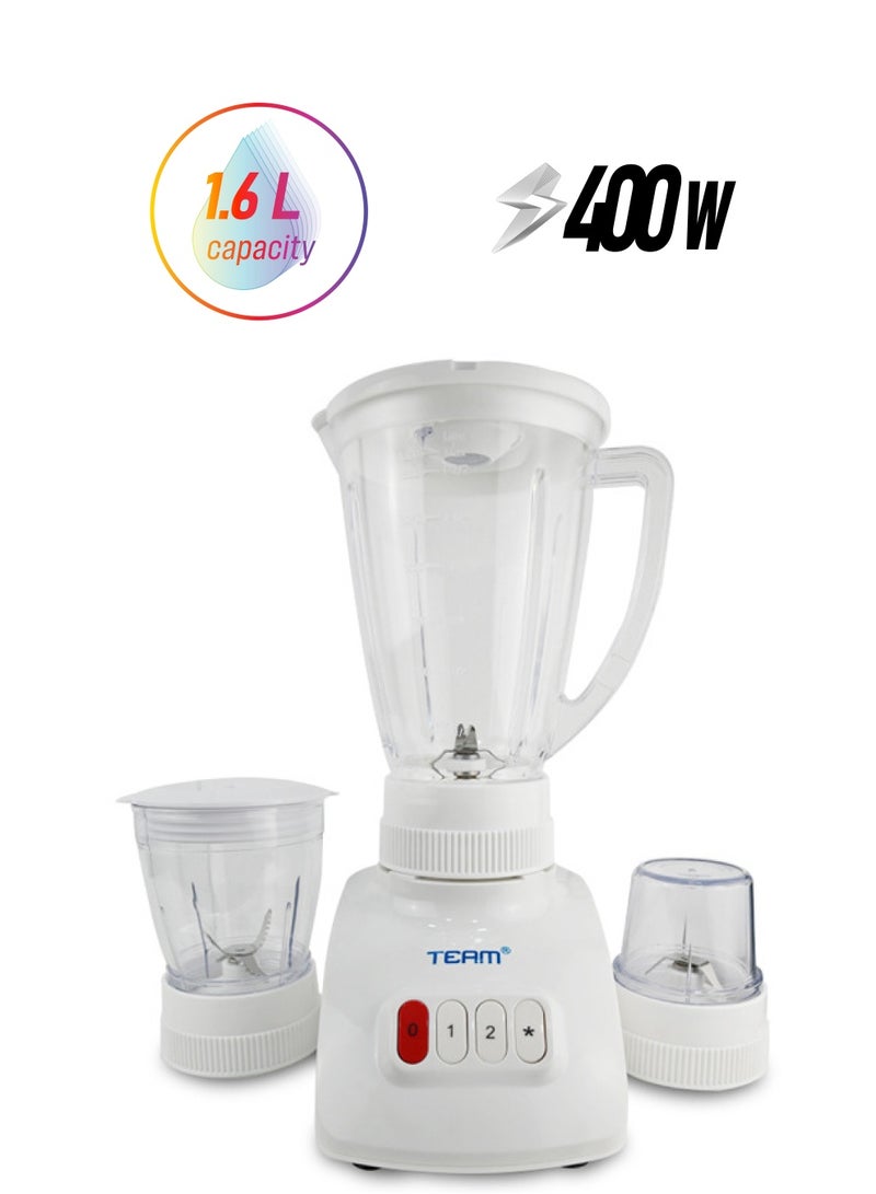 TEAM 3 IN 1 Blender with Grinder and Chopper Mills, 400W Power, 1.6L Unbreakable Plastic Blender, Stainless Steel Blades, and Two Pulse Controls for Fine and Grinding, 2 years warranty - Image 1