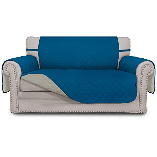 Easy-Going EasyGoing Reversible Loveseat Couch Cover for 2 Cushion Couch Sofa Cover for Dogs Water Resistant Furniture Protector with Foam Sticks Elastic Straps for Pet Loveseat PeacockBlueBeige - Image 1