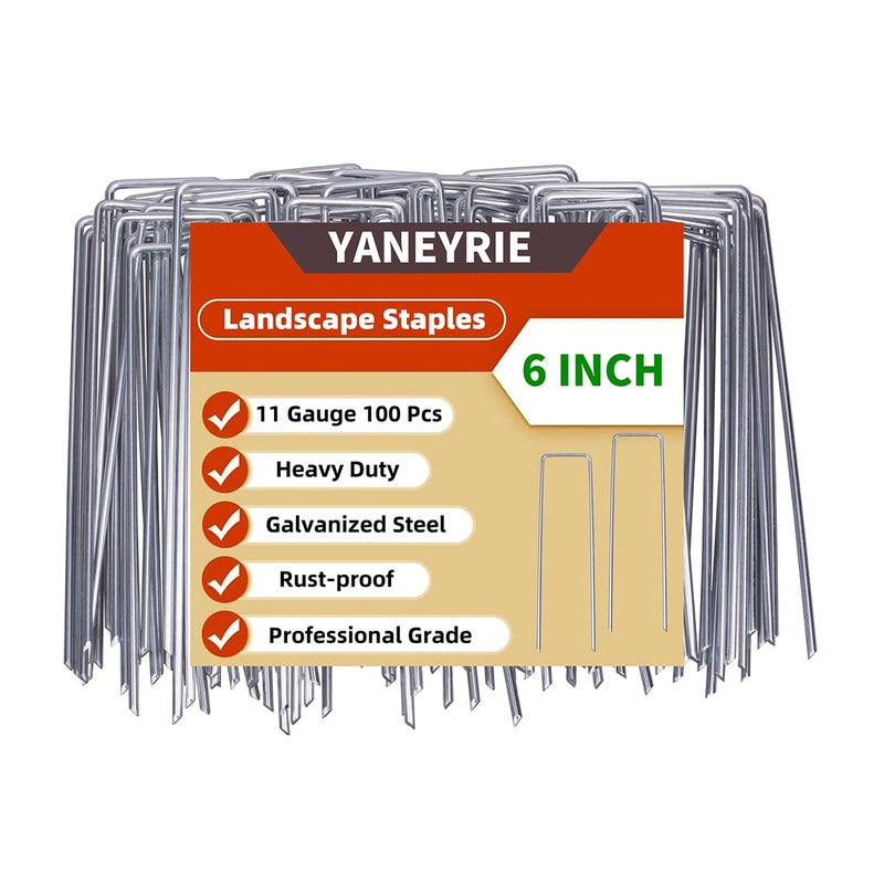 YANEYRIE Galvanized U-Shaped Garden Stakes, 6 Inch 100 Pcs Landscape Staples, Ground Stakes, for Decoration Weed Barrier Fabric, Irrigation Tubing, Holding Fence, Tarpaulin (100, 6 INCH) - Image 1