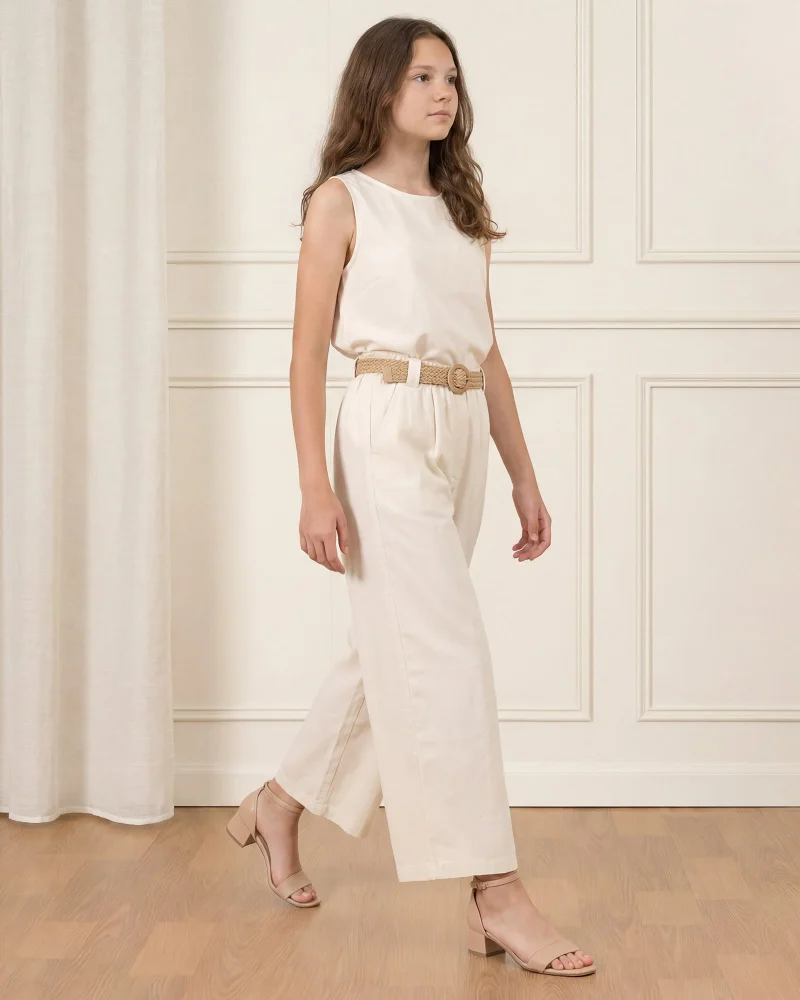 Redtag Senior Girls Beige Wide Leg Woven Pants With Belt