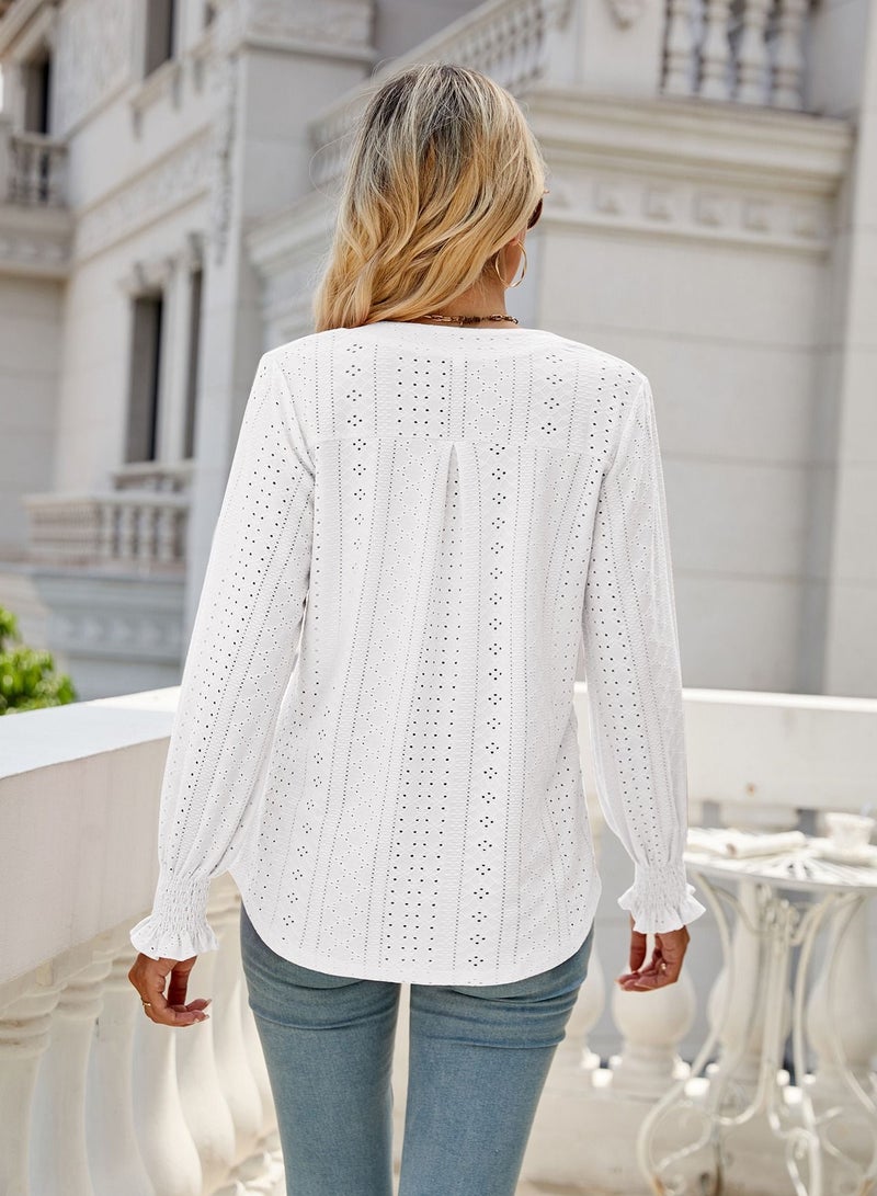 Loquat New Solid Color Hollowed Out Pleated Lotus Sleeve V-neck Loose Sleeved Shirt  - Image 2