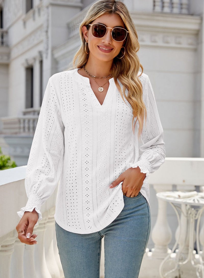 Loquat New Solid Color Hollowed Out Pleated Lotus Sleeve V-neck Loose Sleeved Shirt  - Image 1