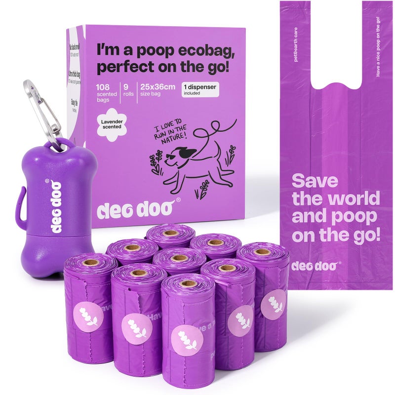 Deo Doo Dog Poop Bags with Handles 9 Rolls 108 Counts Big Sizes Leak Proof and Extra Thick Waste Bags Refill Rolls for Walking Small Medium Large Dogs Cats Litter With Holder Lavender Scented - Image 1