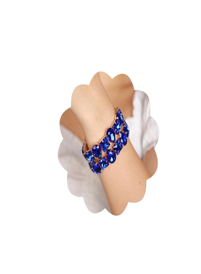Xerling Wedding Brides Crystal Bracelets Wide Layered Bangle Stretch Bracelets Geometric Rhinestone Elastic Hand Jewelry for Women (Blue) - Image 1