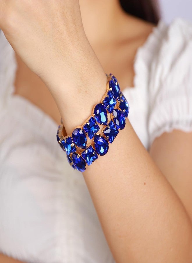 Xerling Wedding Brides Crystal Bracelets Wide Layered Bangle Stretch Bracelets Geometric Rhinestone Elastic Hand Jewelry for Women (Blue) - Image 2