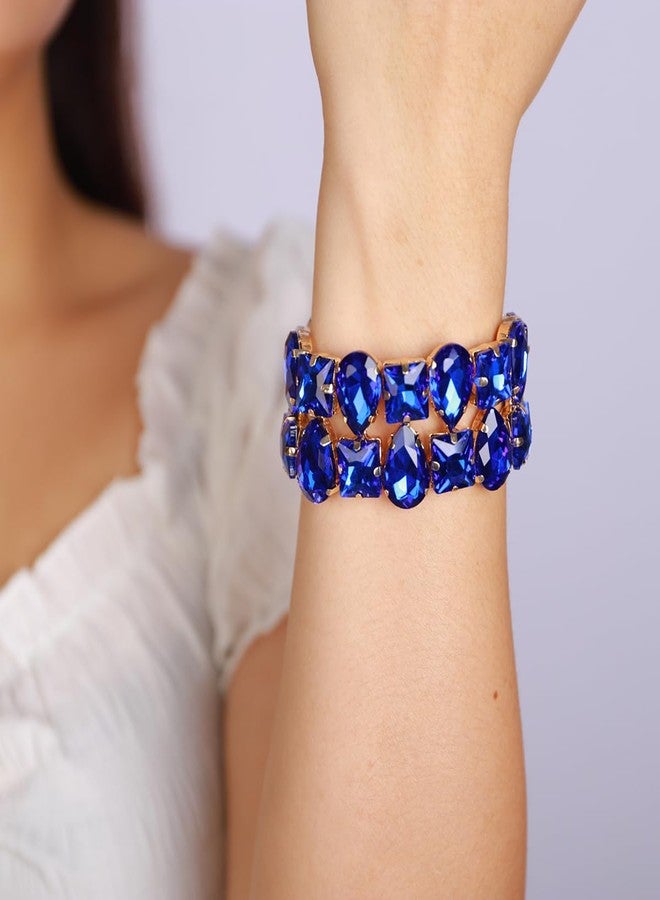 Xerling Wedding Brides Crystal Bracelets Wide Layered Bangle Stretch Bracelets Geometric Rhinestone Elastic Hand Jewelry for Women (Blue) - Image 3