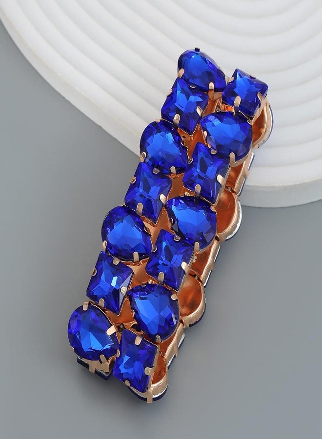 Xerling Wedding Brides Crystal Bracelets Wide Layered Bangle Stretch Bracelets Geometric Rhinestone Elastic Hand Jewelry for Women (Blue) - Image 4